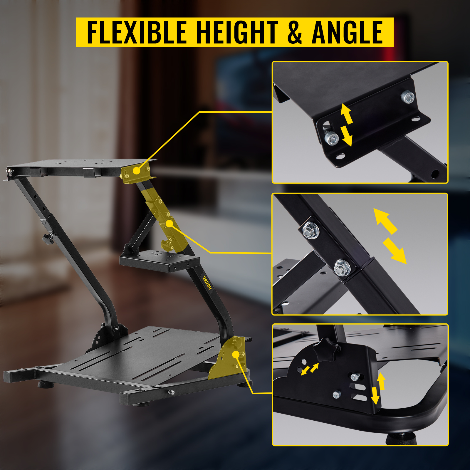 VEVOR racing simulator stand with adjustable height and angle mechanisms.