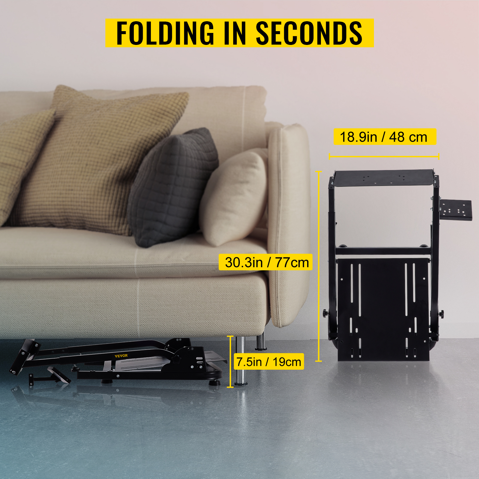 VEVOR racing simulator stand folded next to a sofa, showcasing compact storage dimensions.