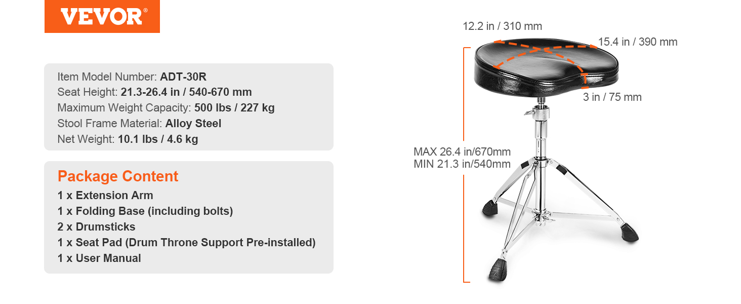 VEVOR drum throne adt-30r with adjustable seat height and alloy steel frame, package contents listed.
