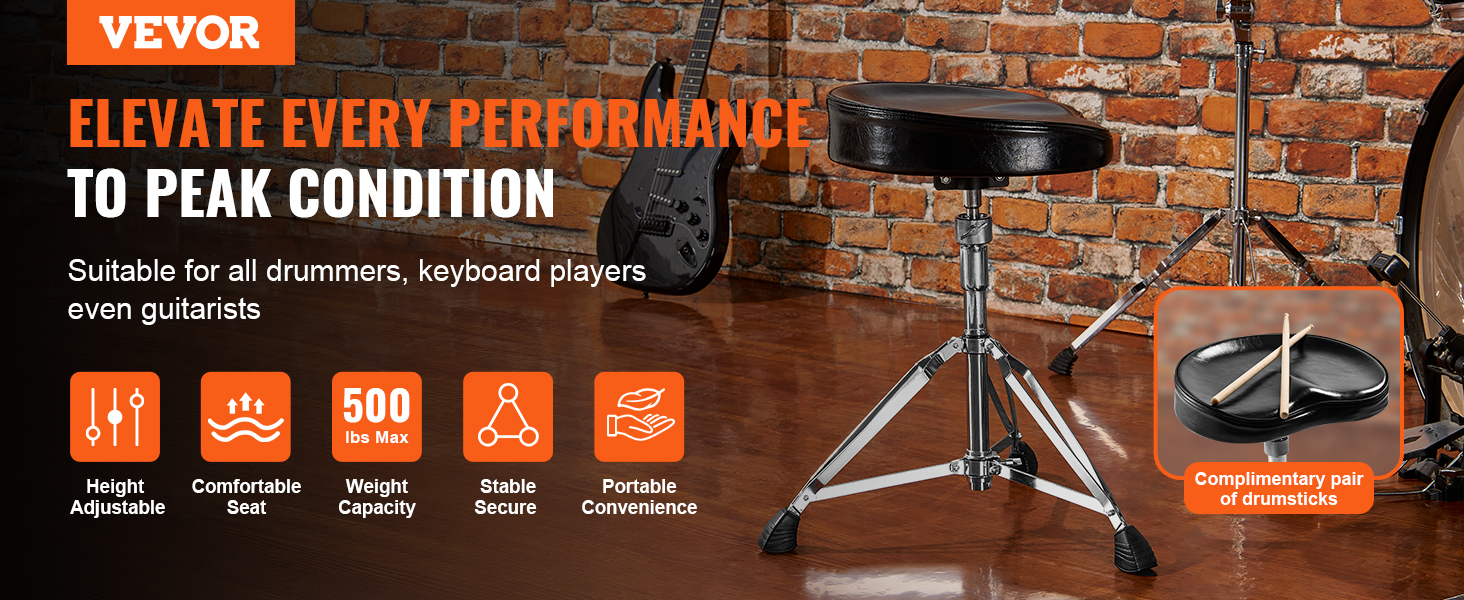 VEVOR drum throne with adjustable height, padded seat, and complimentary drumsticks. suitable for musicians.