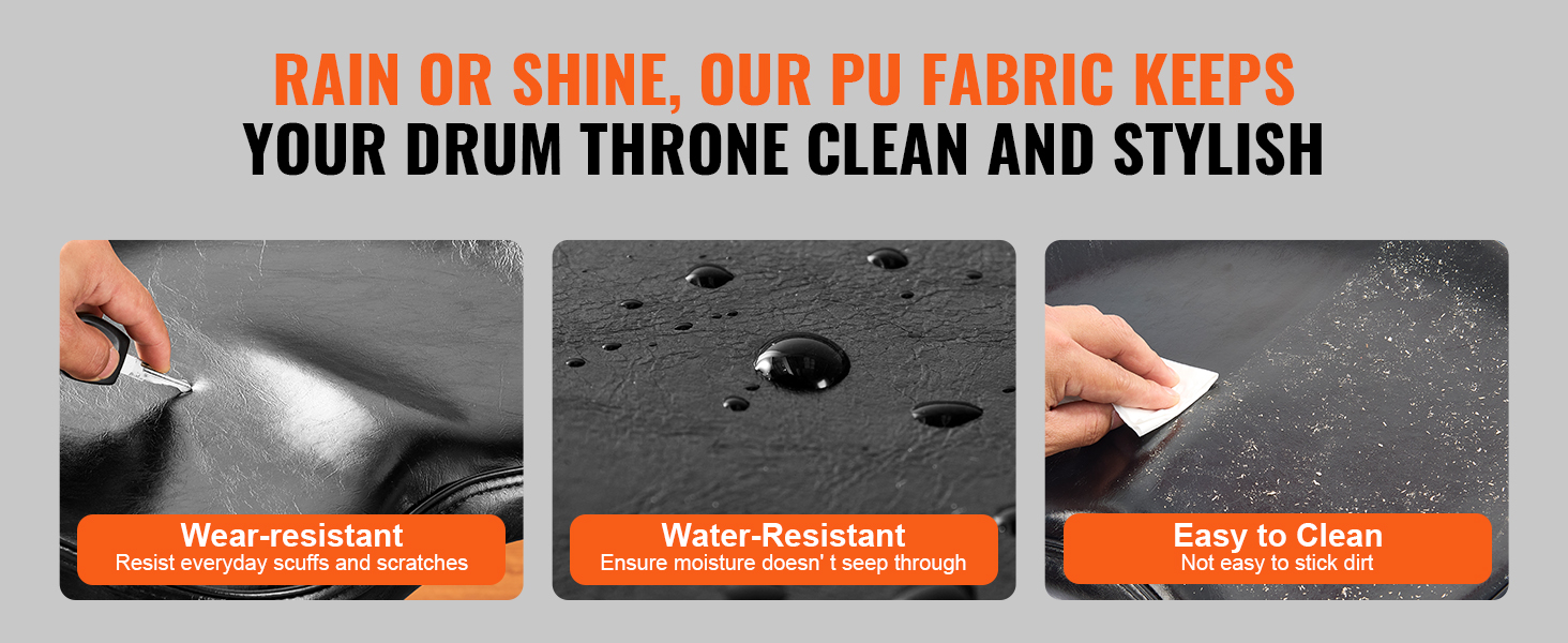pu fabric for VEVOR drum throne showing wear-resistant, water-resistant, and easy to clean properties.