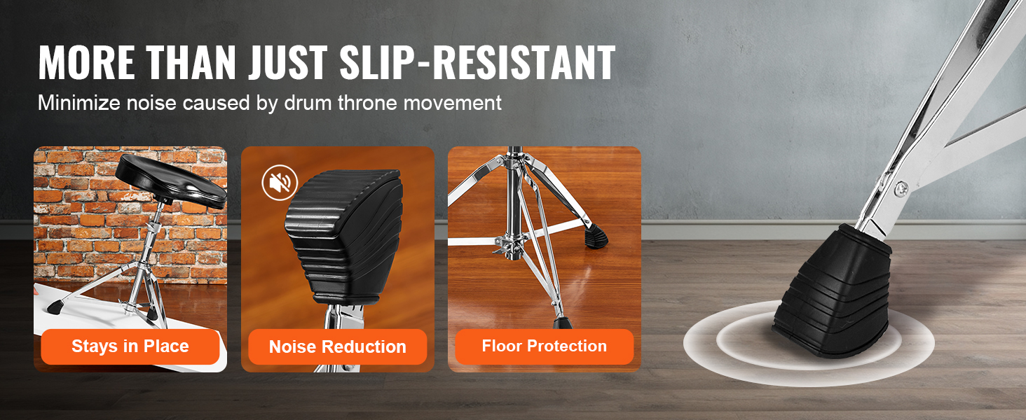VEVOR drum throne showcasing slip-resistant, noise reduction, and floor protection features.