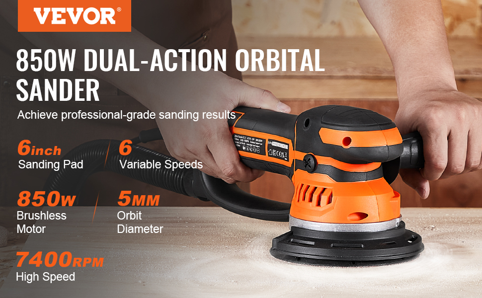VEVOR Random Orbital Sander 6'' Dual-Action Sander 10 PCS Sandpapers 6 ...