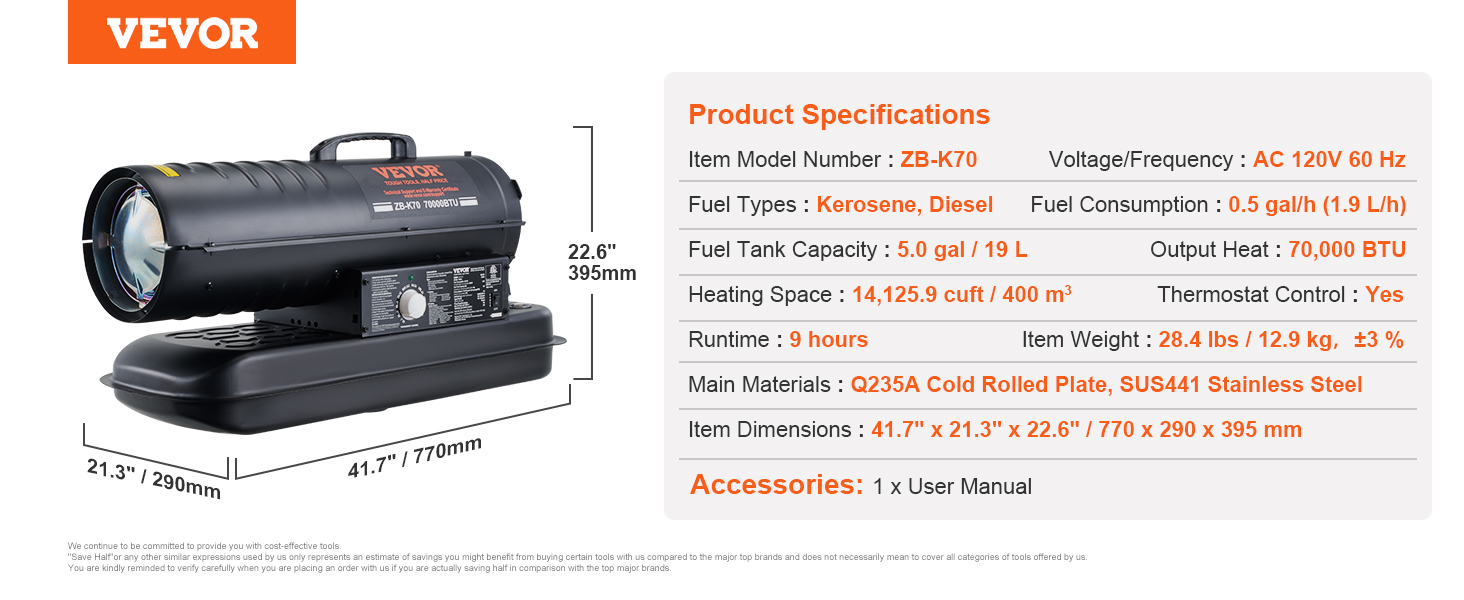 VEVOR kerosene heater zb-k70 with 70,000 btu, 5.0 gal fuel tank, and 14,125.9 cuft heating capacity.