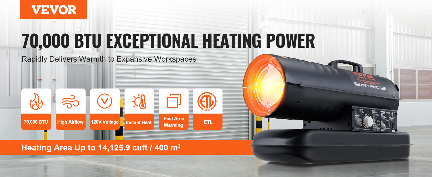 VEVOR kerosene heater, 70,000 btu, high airflow, 120v, instant heat, heats up to 14,125.9 cuft.
