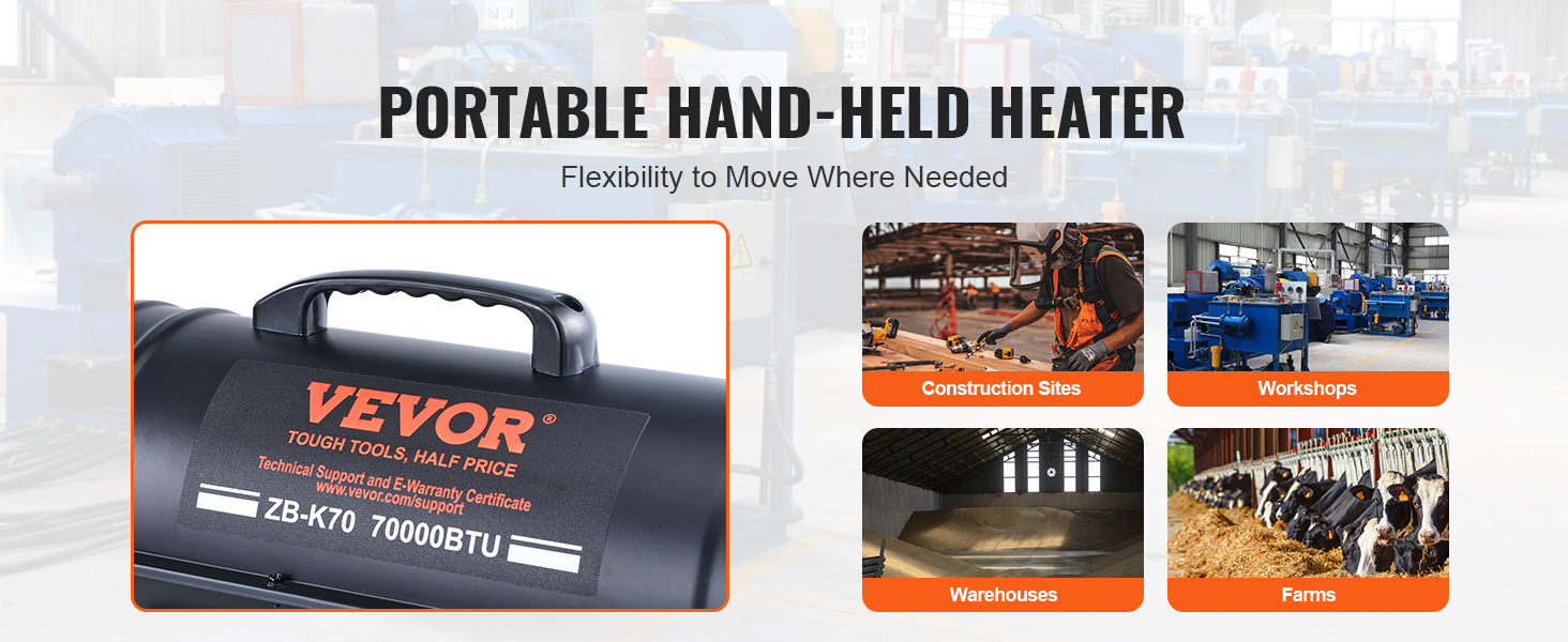 VEVOR kerosene heater for construction sites, workshops, warehouses, and farms; portable and hand-held.