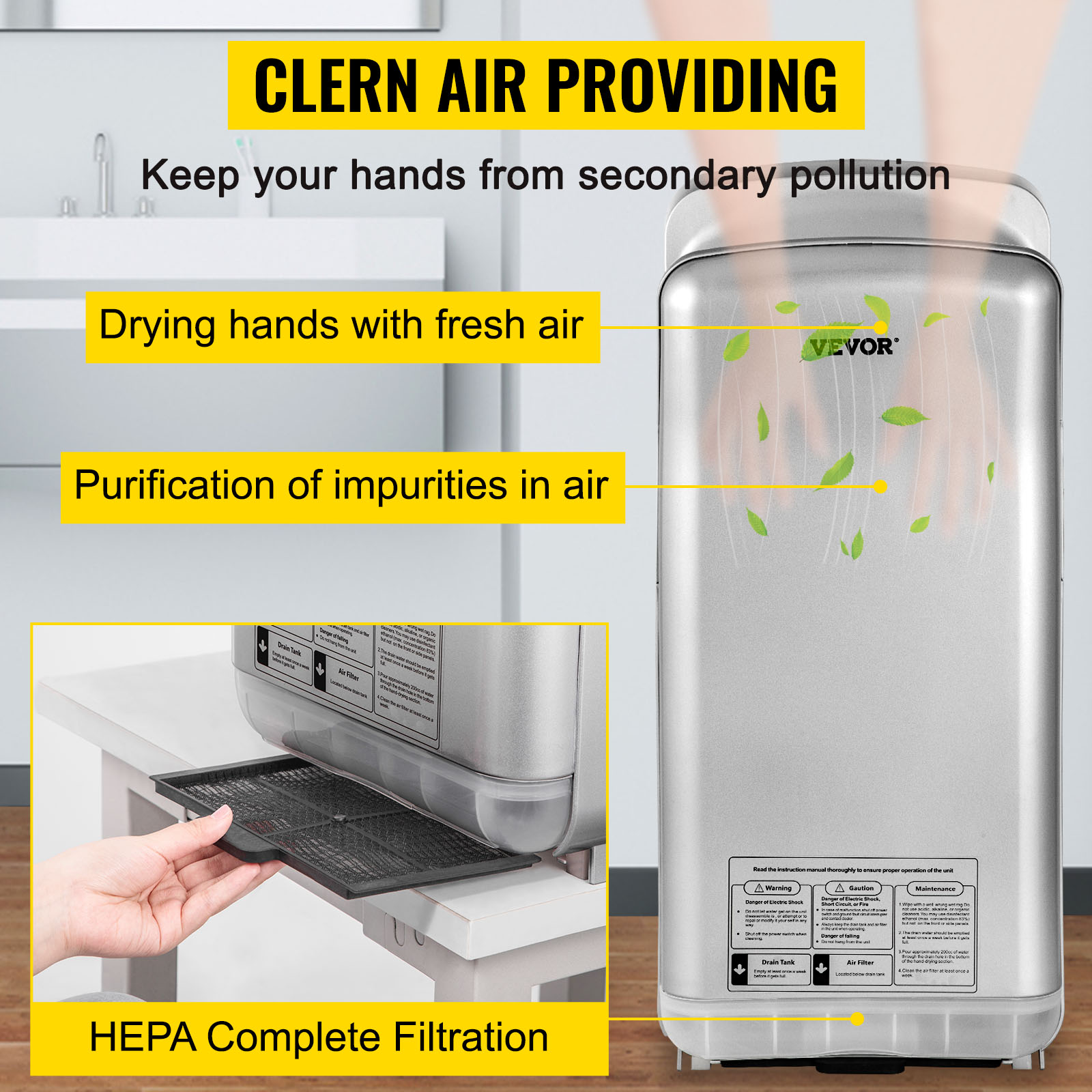 VEVOR Jet Hand Dryer Blade Hand Dryer Automatic High Speed for Washroom Silver main image 1