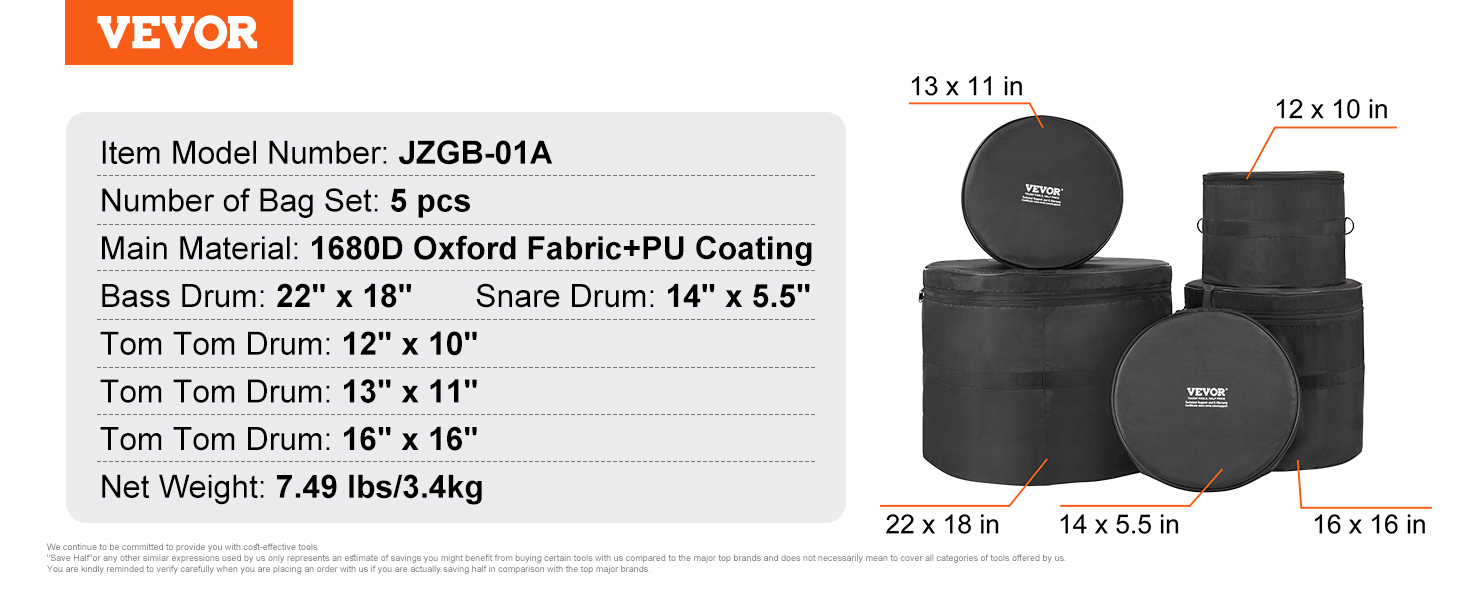 VEVOR drum bag set, 5 pcs, 1680d oxford fabric, sizes: 22"x18", 14"x5.5", 12"x10", 13"x11", 16"x16"