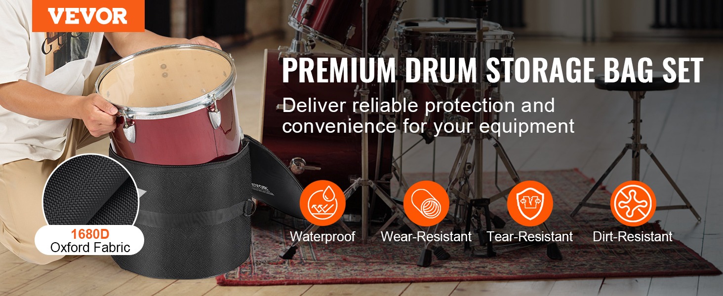 VEVOR drum bag set protects drums with 1680d fabric; waterproof, wear-resistant, tear-resistant, dirt-resistant.