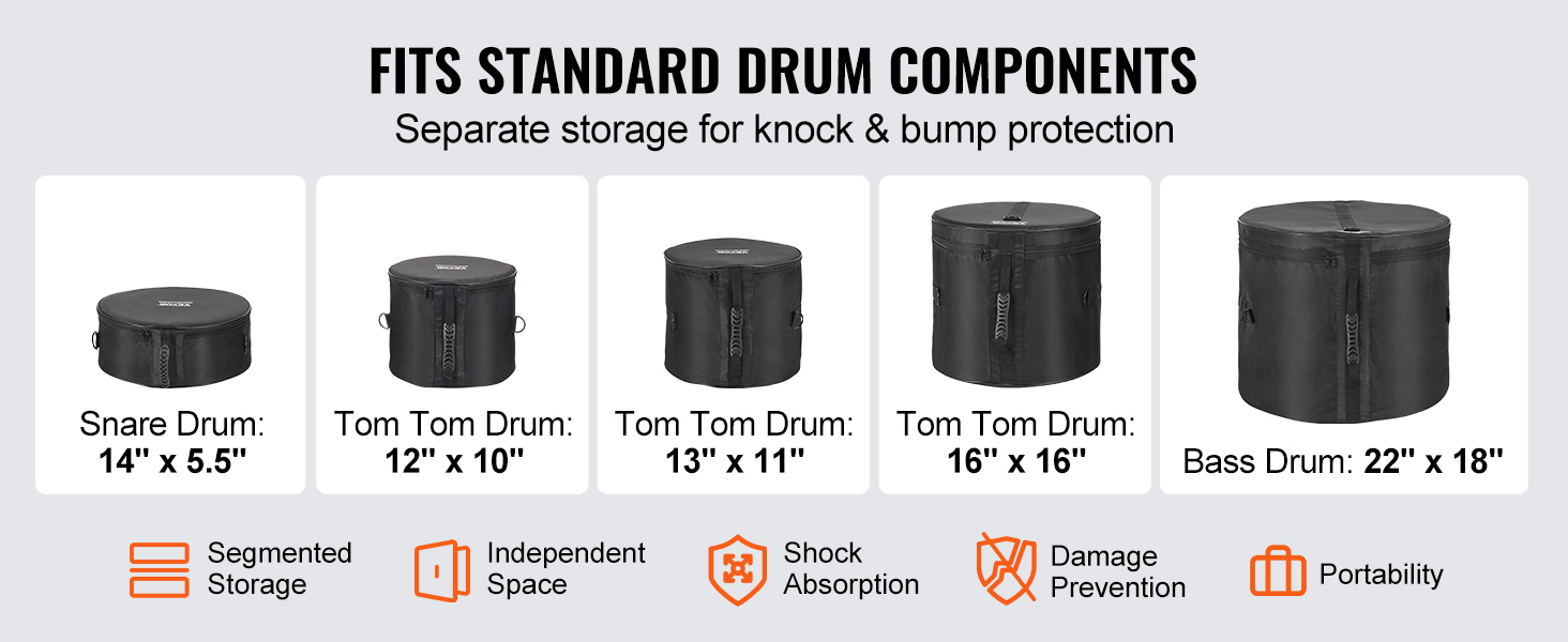 VEVOR drum bag set for snare, tom tom, and bass drums with segmented storage for protection.