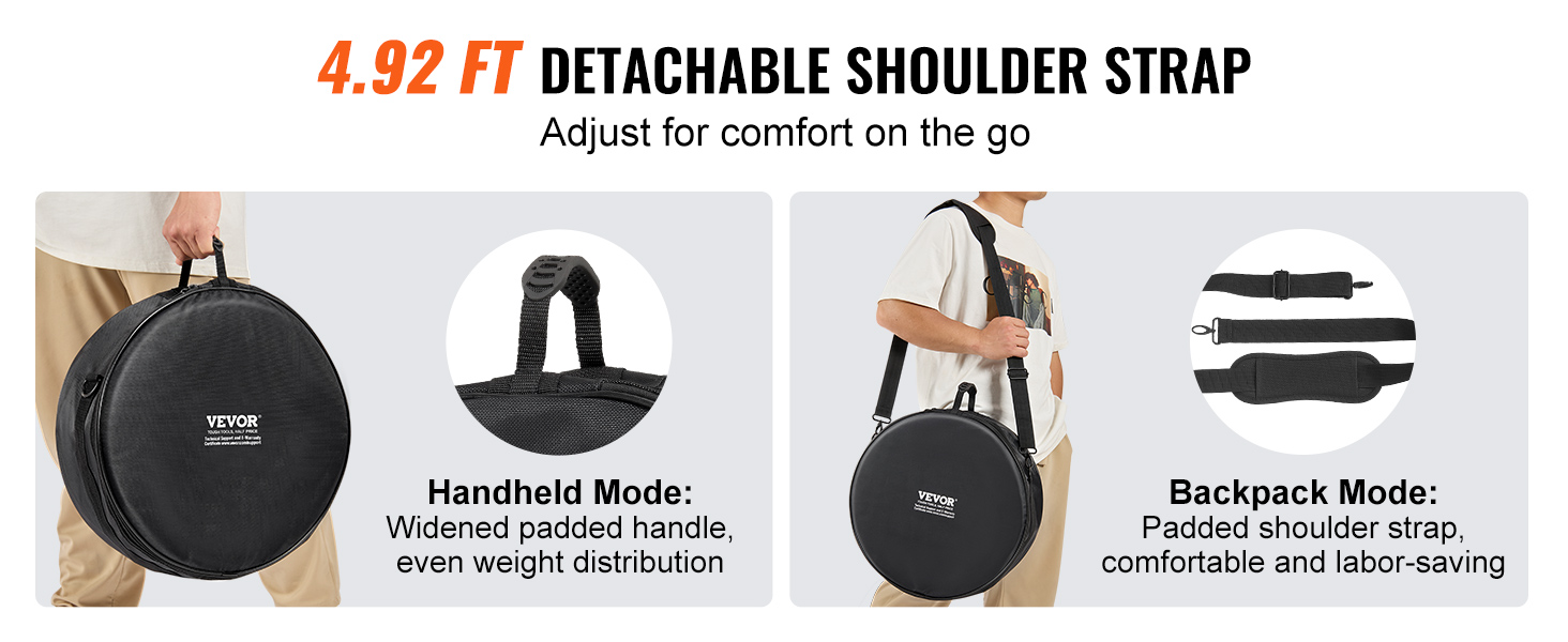 VEVOR drum bag set with 4.92 ft detachable shoulder strap, adjustable for handheld or backpack mode.