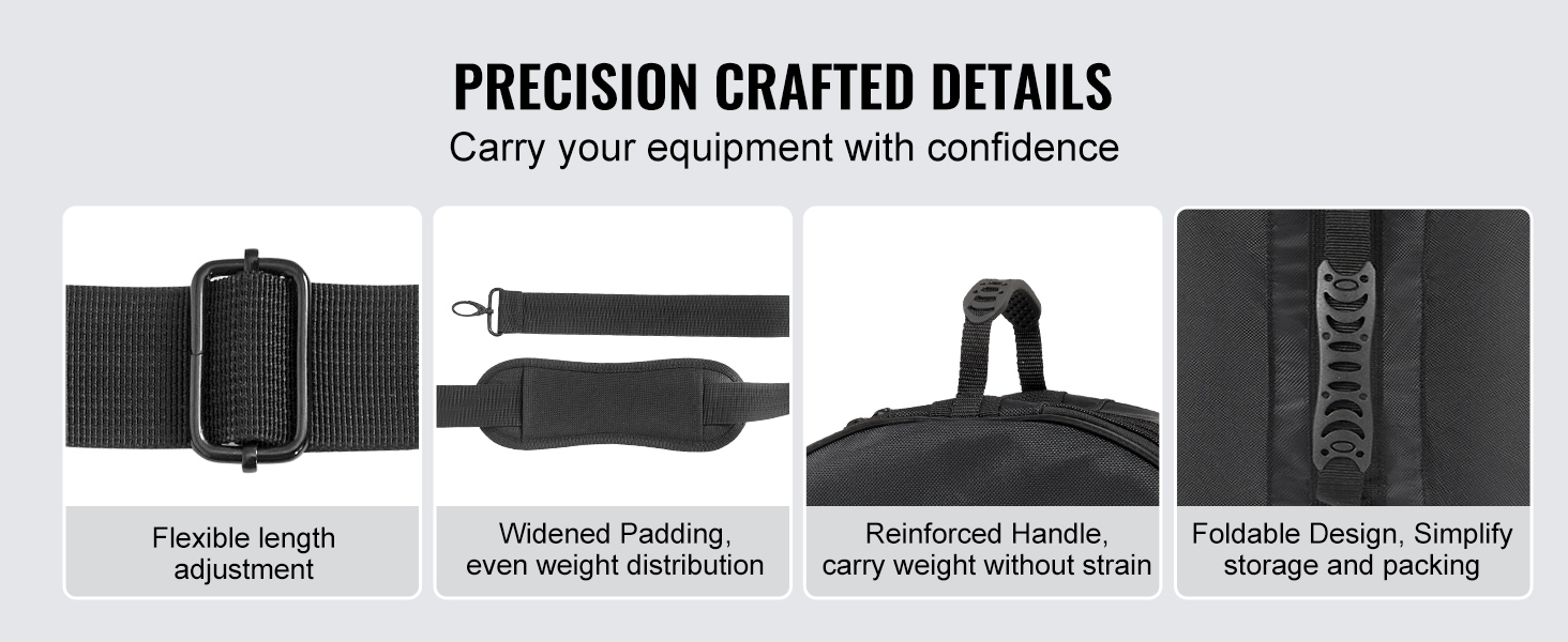 VEVOR drum bag set features adjustable strap, padded handle, reinforced handle, and foldable design.