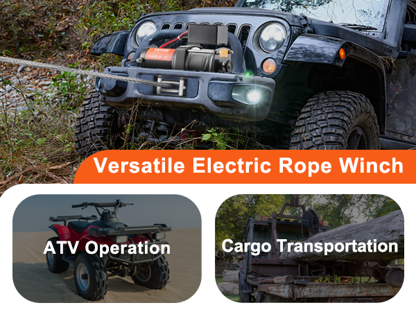 Elektrische Winde von VEVOR zum Ziehen eines Jeeps, mit Einschüben zum Gütertransport und zum Betrieb eines ATV.