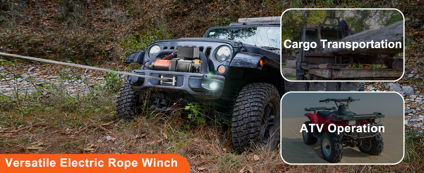 Elektrische Winde von VEVOR zum Ziehen eines Jeeps, mit Einschüben zum Gütertransport und zum Betrieb eines ATV.