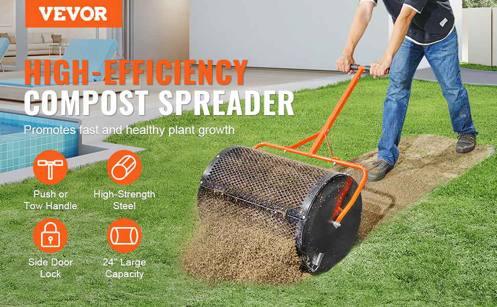 VEVOR 24" Compost Spreader Peat Moss Spreader Roller Lawn Spreader ...