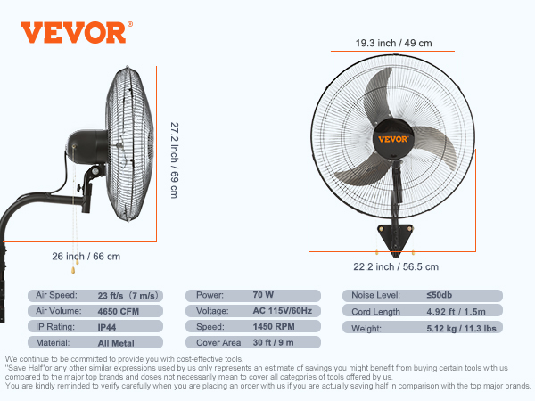 Ventilateur Mural Industriel VEVOR 49 Cm Oscillant - 3 Vitesses - Métal - Neuf