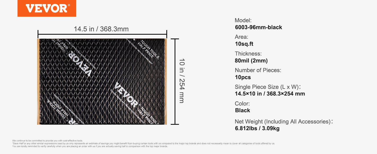VEVOR car sound deadening mat measuring 14.5 x 10 inches, 80 mil thickness, black, 10 pieces in pack.