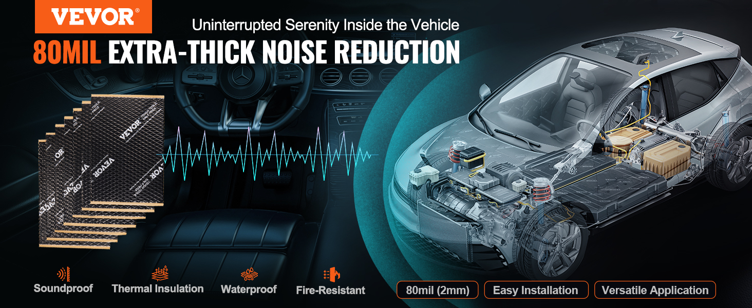 VEVOR car sound deadening mat for 80mil extra-thick noise reduction, thermal insulation, and waterproofing.