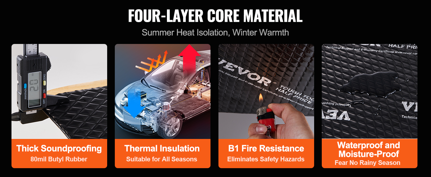 four-layer VEVOR car sound deadening mat: thick soundproofing, thermal insulation, fire resistance, waterproof.
