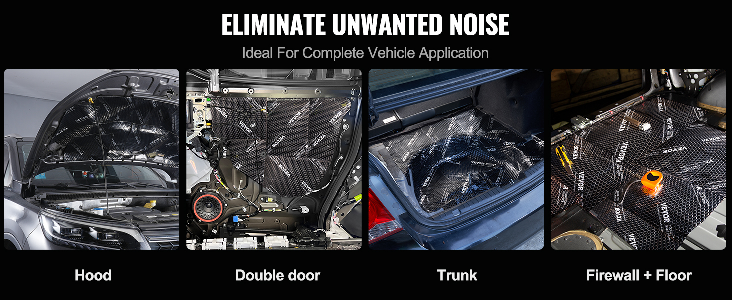 VEVOR car sound deadening mat on hood, double door, trunk, and firewall + floor for noise elimination.