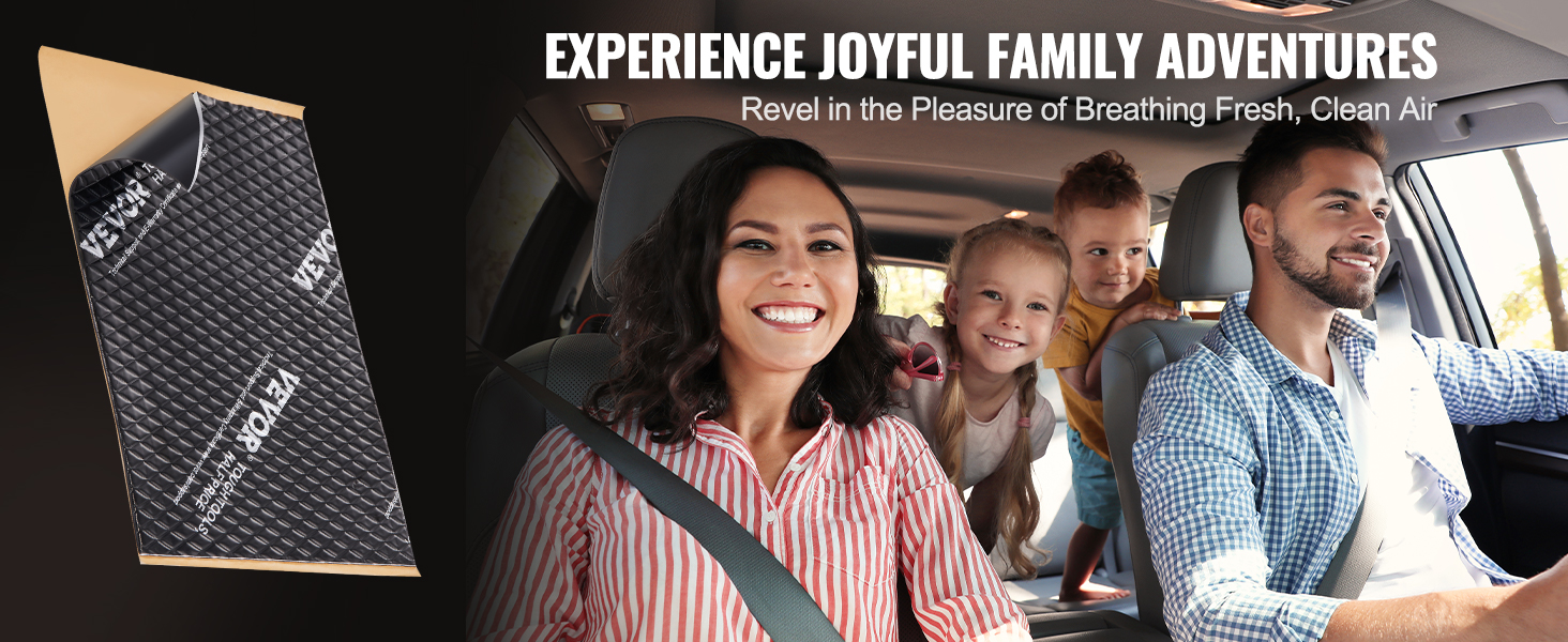 VEVOR car sound deadening mat in a family car promoting a quiet and joyful driving experience.