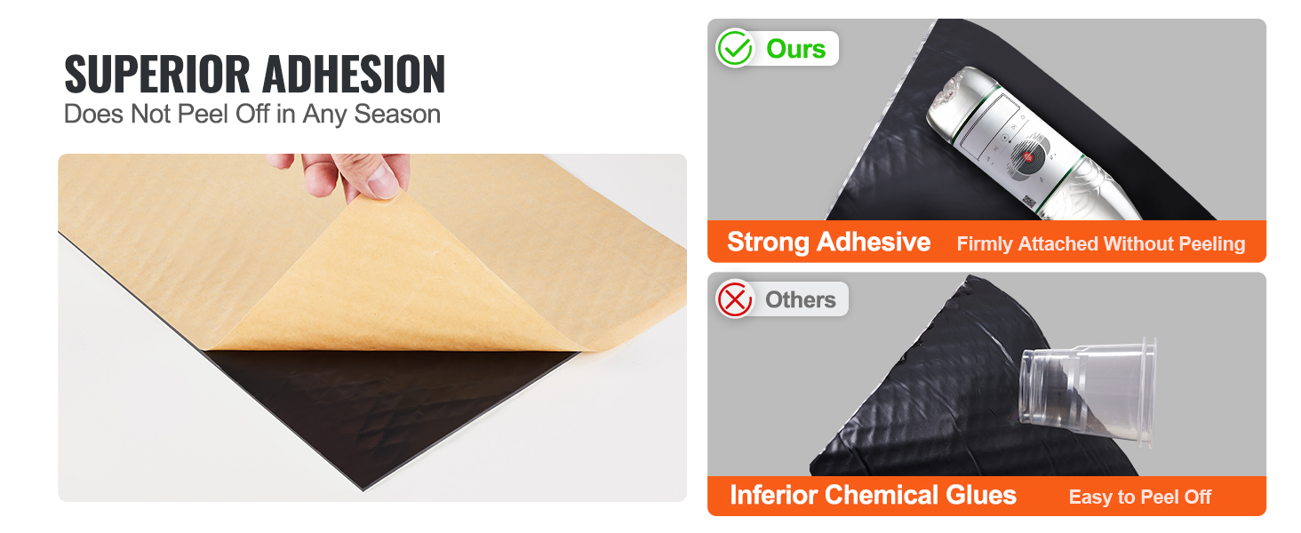 VEVOR car sound deadening mat with superior adhesion and strong adhesive, compared to inferior glues.