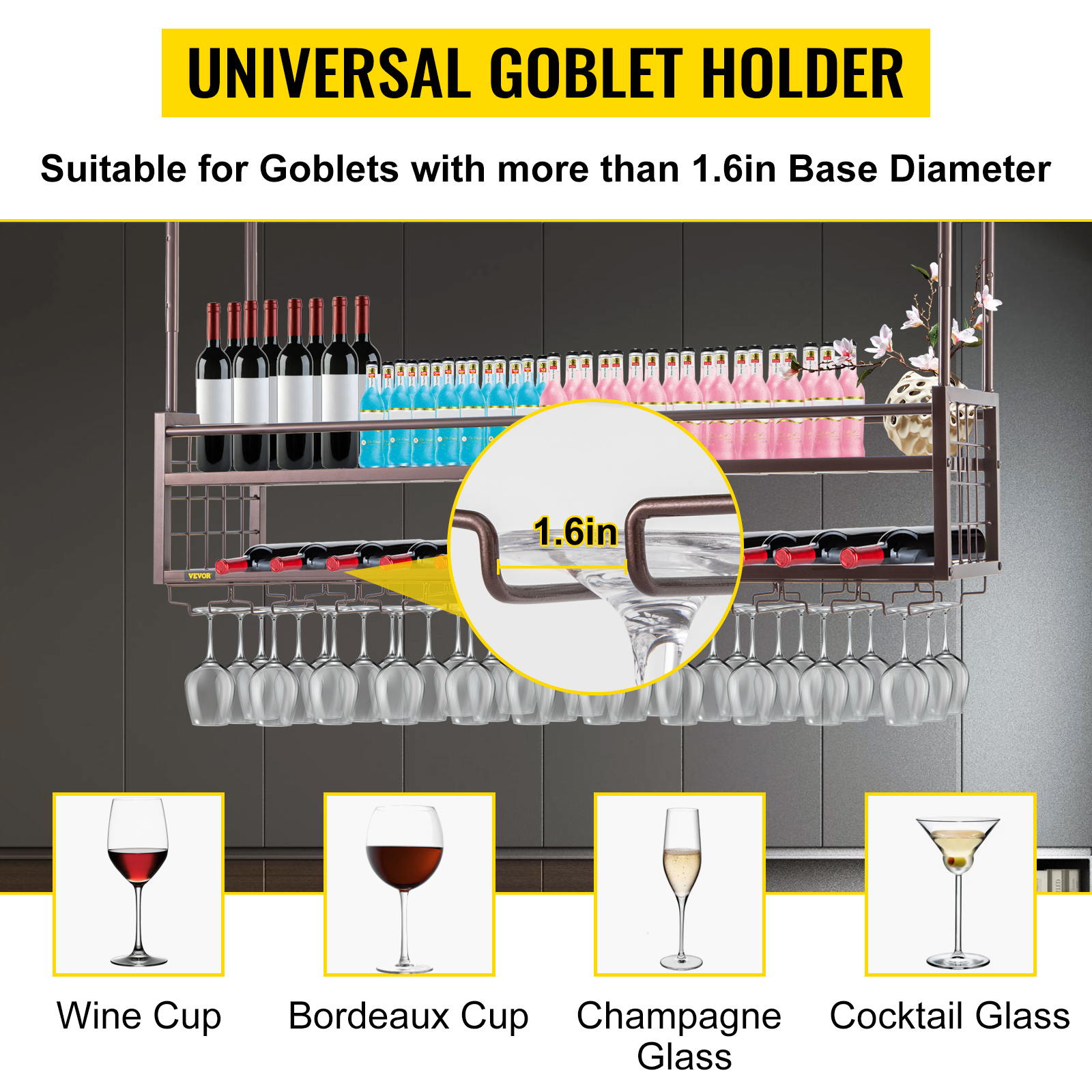 VEVOR Ceiling Wine Glass Rack, 46.9 x 11.8 inch Hanging Wine Glass Rack ...