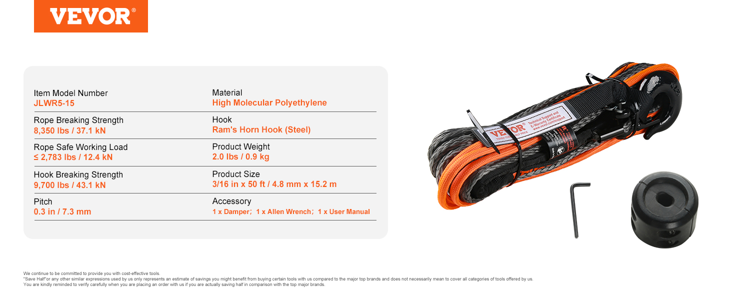 VEVOR synthetic winch rope spool with hook, damper, allen wrench, and specifications table. durable and strong.