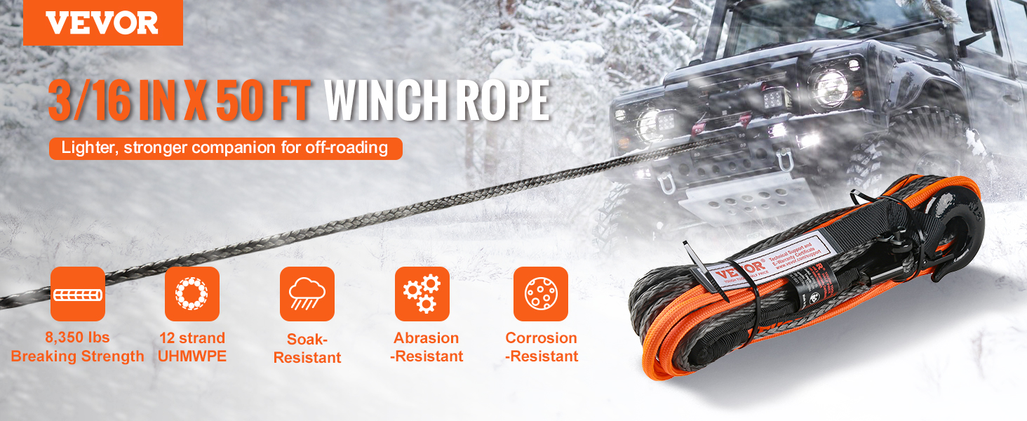 VEVOR synthetic winch rope, 3/16 in x 50 ft, for off-roading; 8,350 lbs strength, abrasion and corrosion resistant.