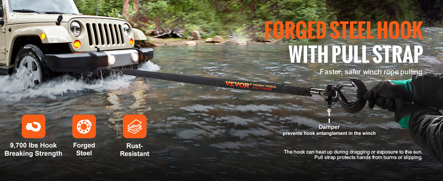 VEVOR synthetic winch rope towing a jeep through water, featuring a forged steel hook with pull strap.