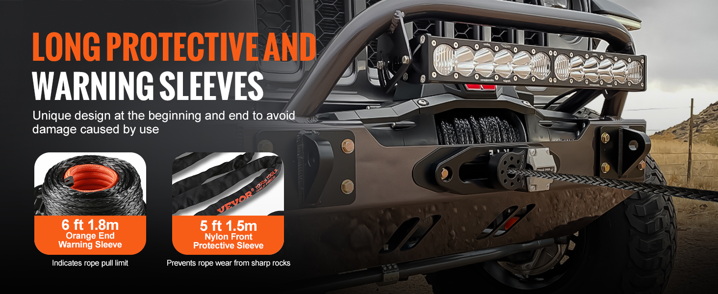 VEVOR synthetic winch rope featuring long protective and warning sleeves for enhanced durability.