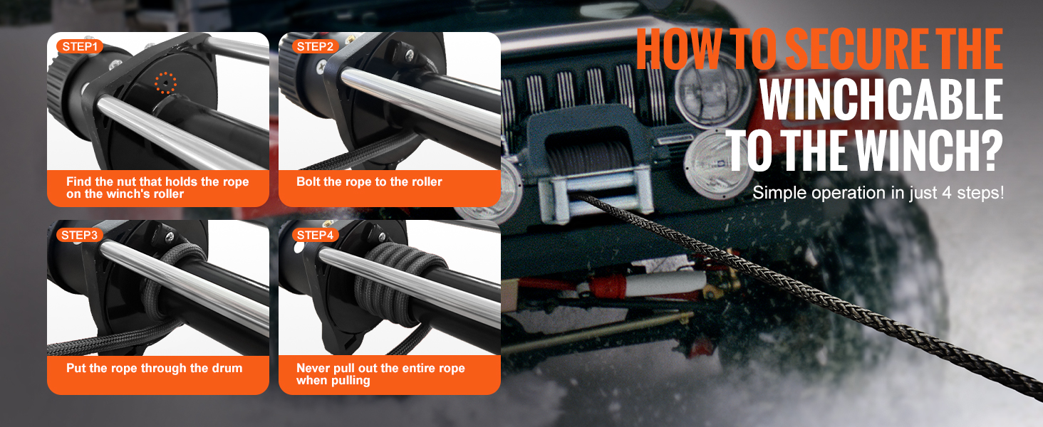 four-step guide to secure VEVOR synthetic winch rope to a winch roller on an off-road vehicle.