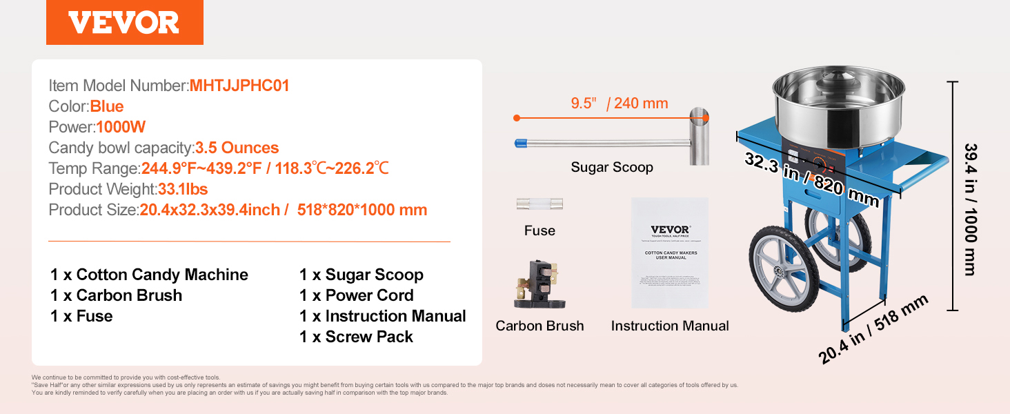 VEVOR Electric Cotton Candy Machine with Cart, 1000W Commercial Candy