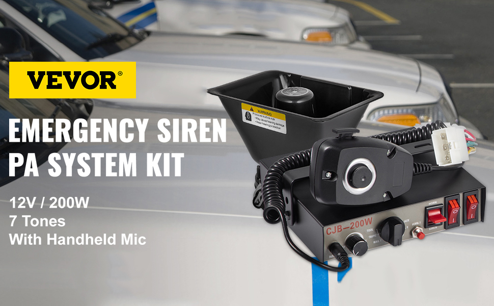 VEVOR car warning alarm system kit with handheld mic, 12v/200w, 7 tones, on police car background.