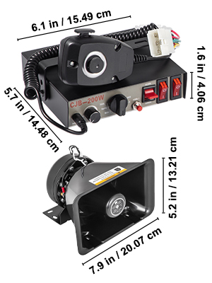 VEVOR car warning alarm system with speaker and control box; detailed dimensions included.