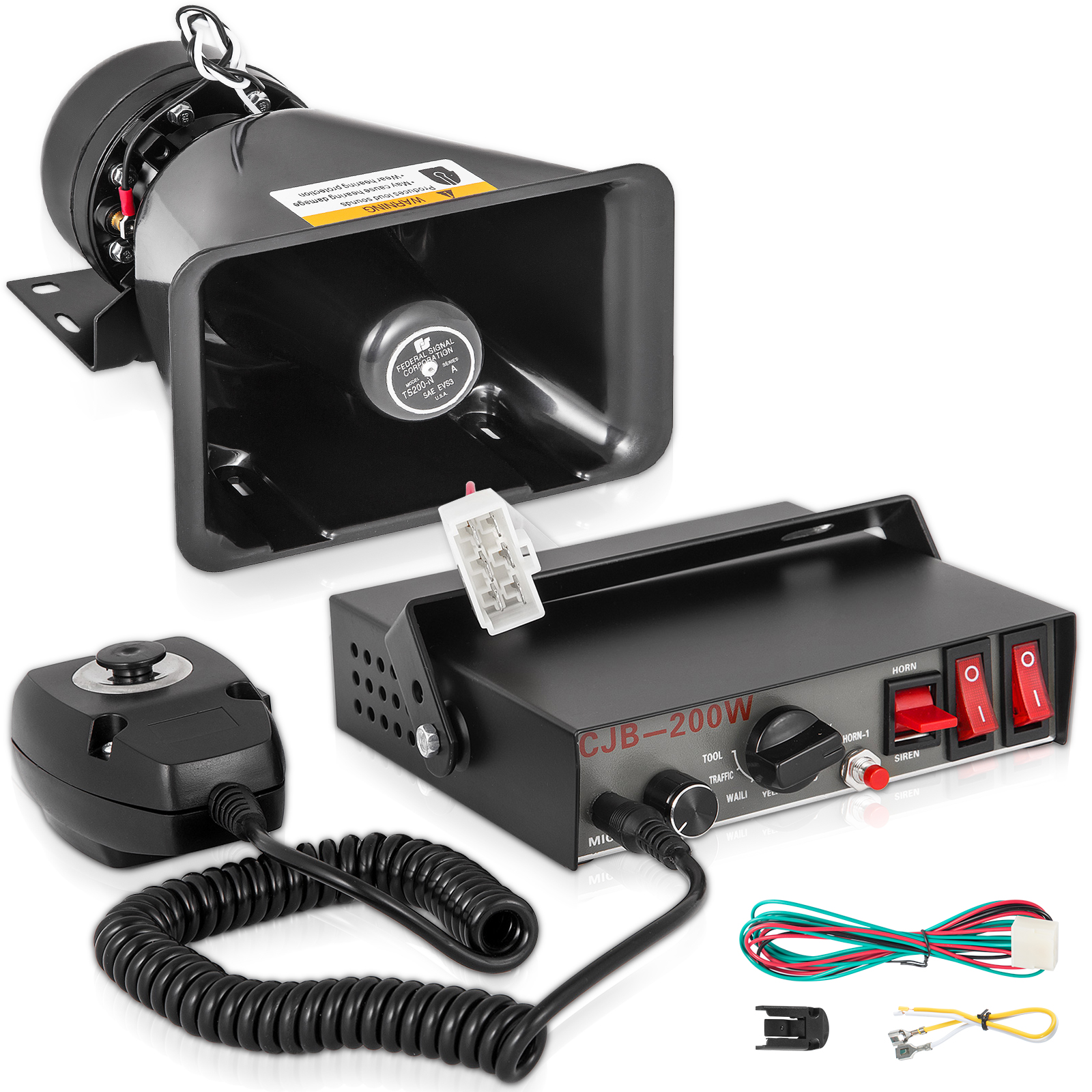 VEVOR car warning alarm system with 200w speaker, control box, and wiring accessories.