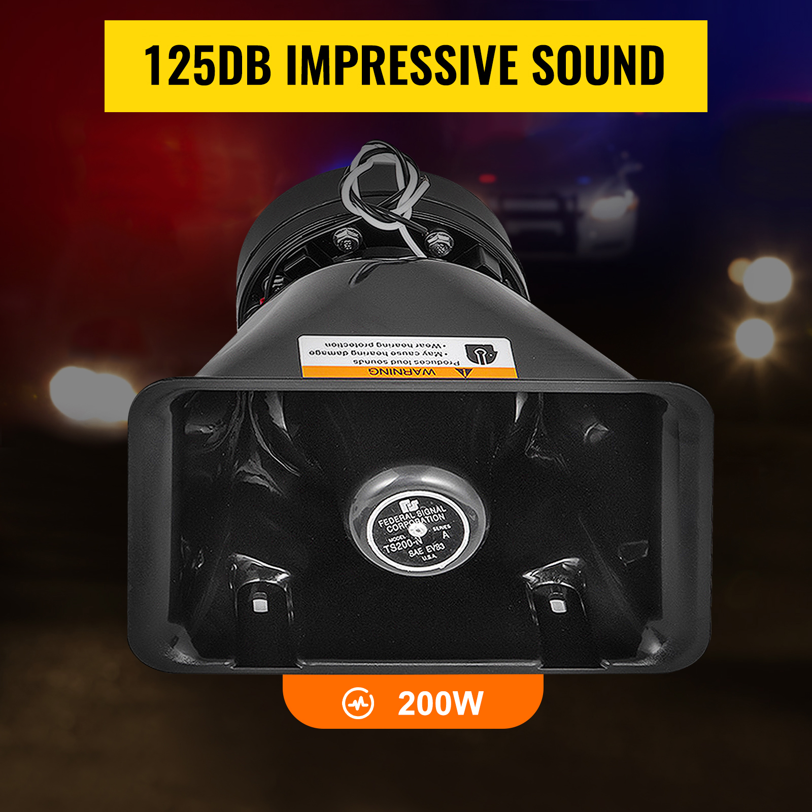 VEVOR car warning alarm with 125db sound, 200w power, and warning label in front of police lights.