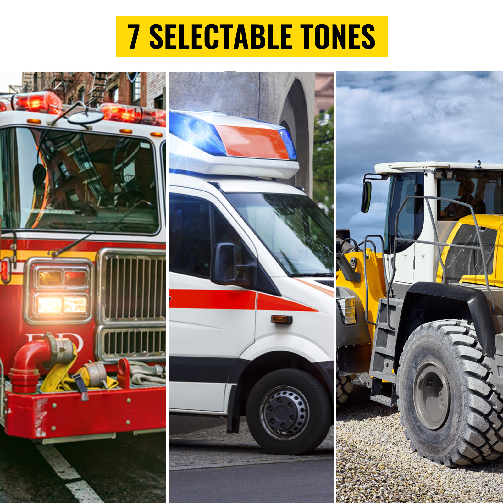 fire truck, ambulance, and police car with sirens, highlighting VEVOR car warning alarm and its 7 selectable tones.