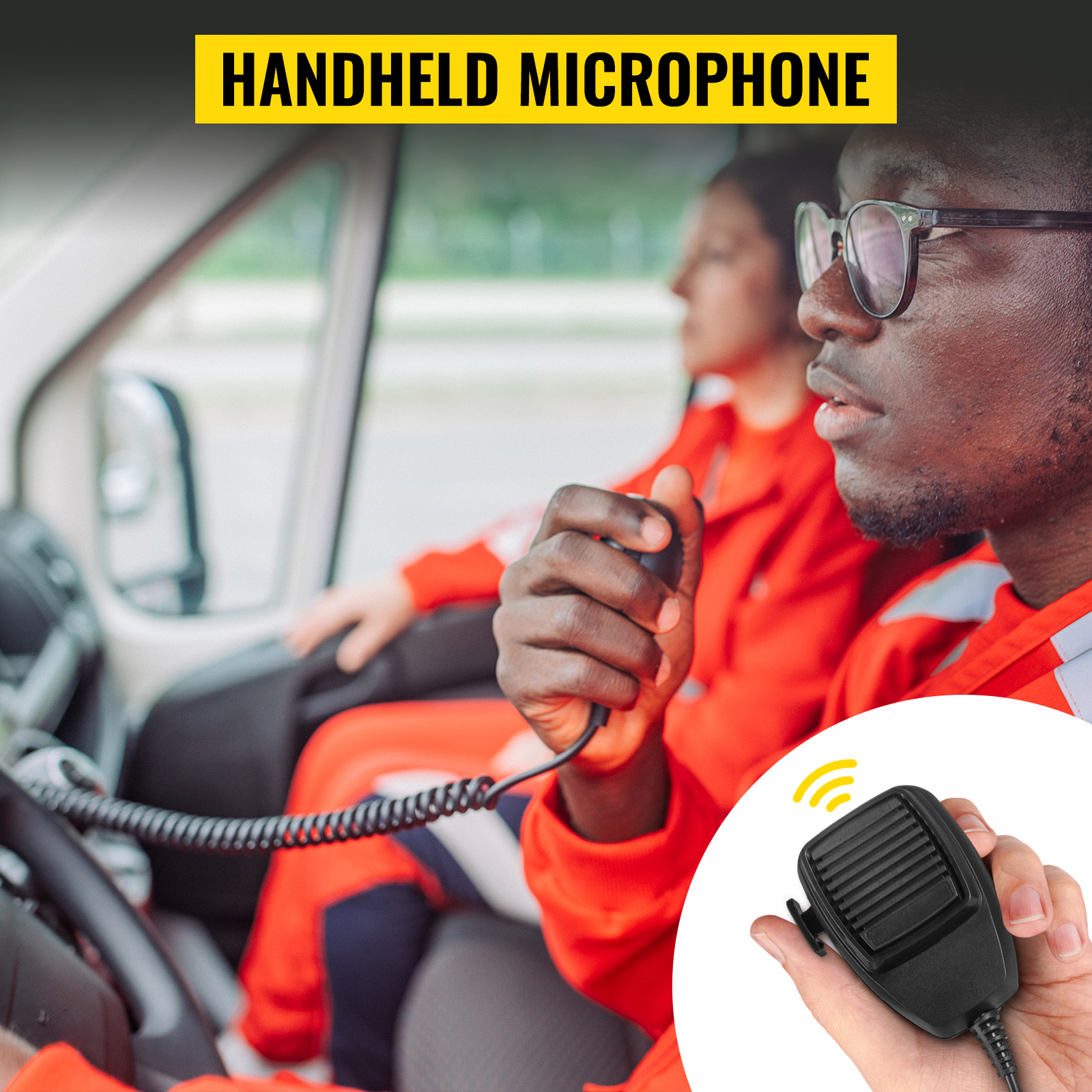 police officer using a VEVOR car warning alarm with a handheld microphone in a patrol car.