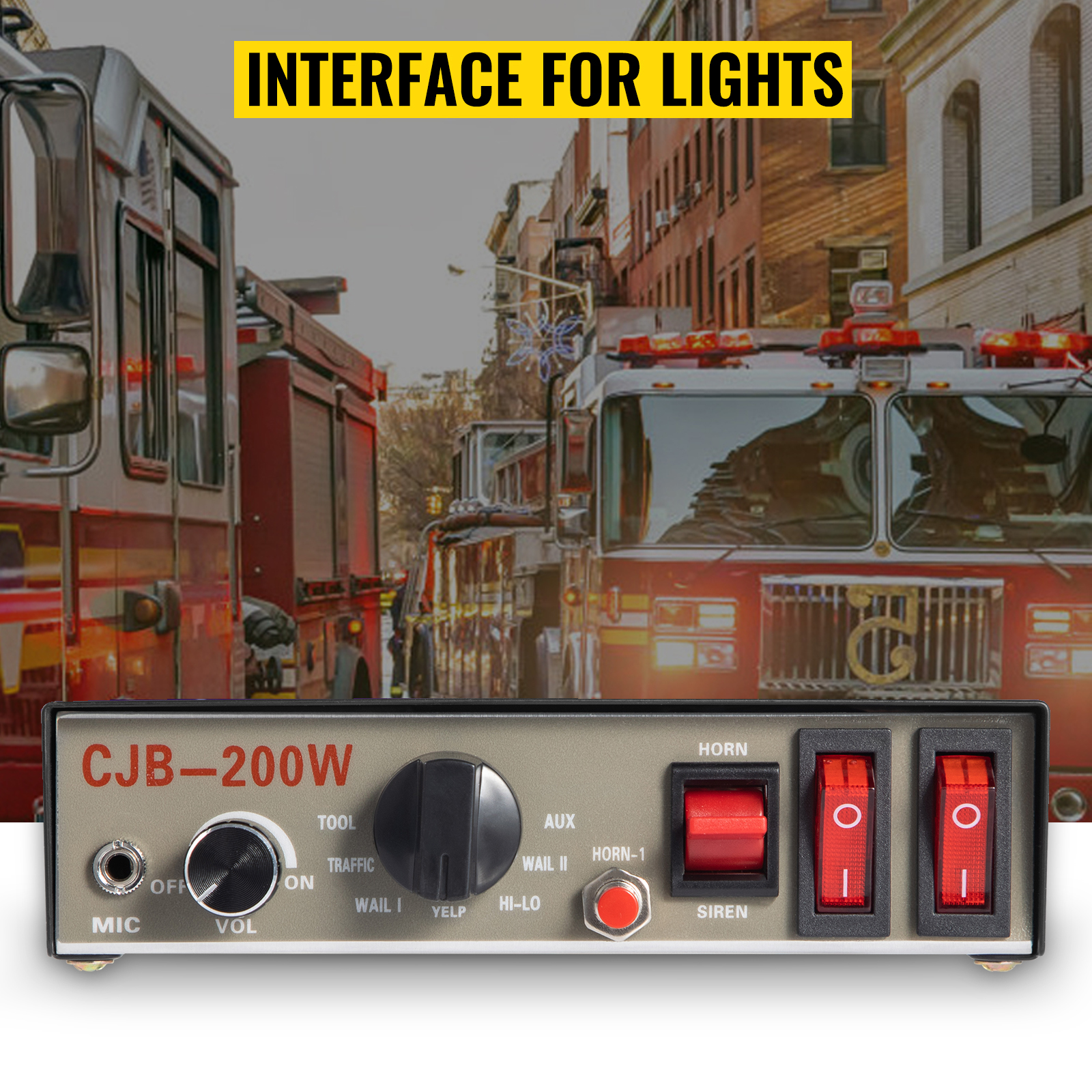 VEVOR car warning alarm controller with light interface against a police car with flashing lights.