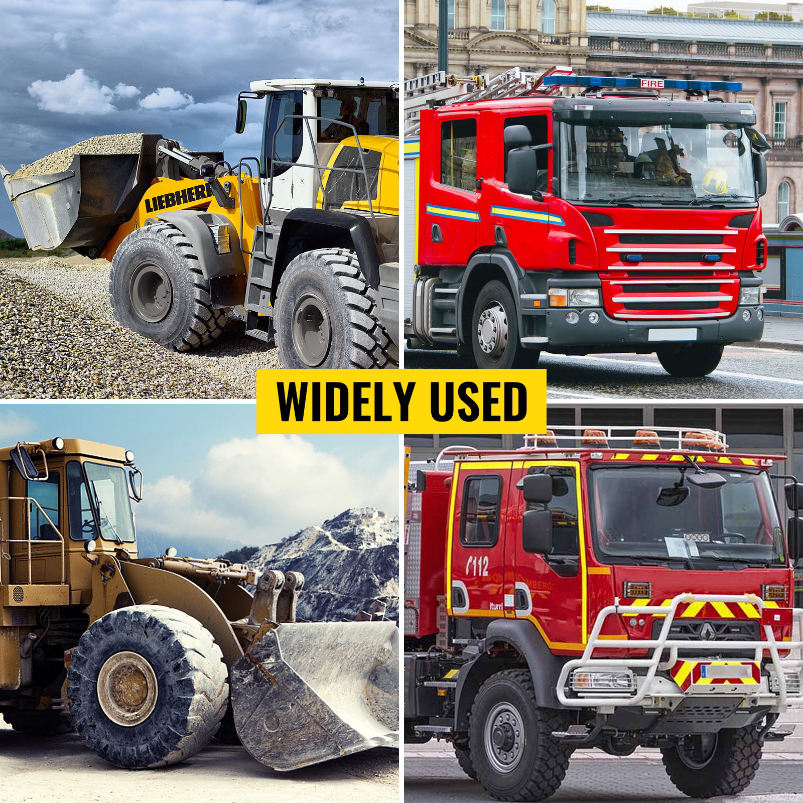 police cars, fire truck, bulldozer, and ambulance illustrating VEVOR car warning alarm's wide use.