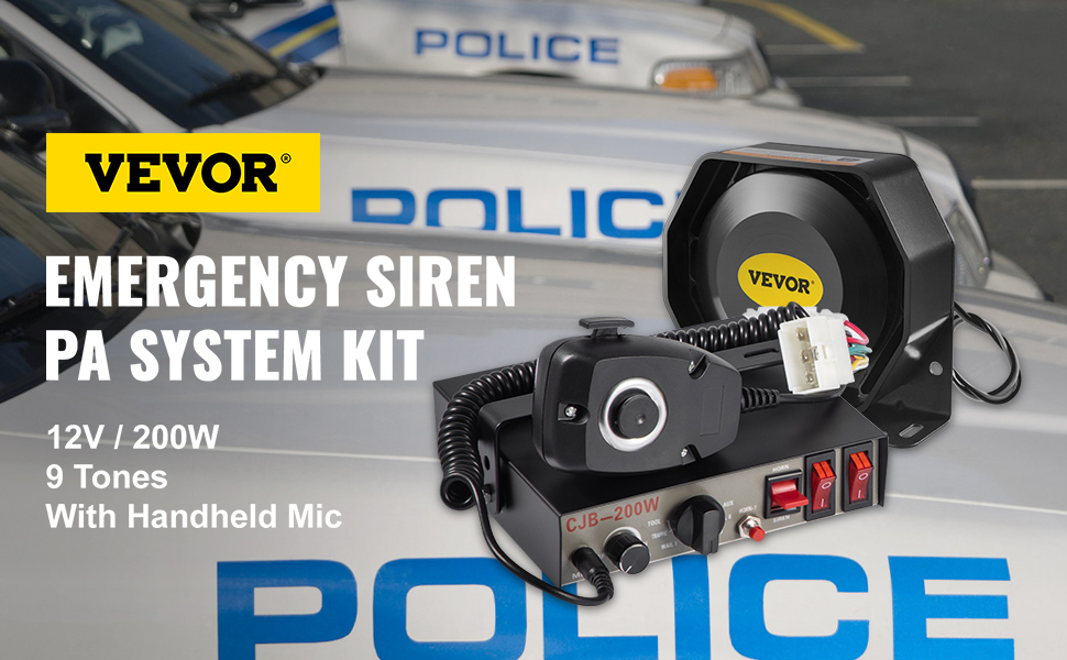VEVOR car warning alarm system with 200w emergency siren and handheld mic on police cars.