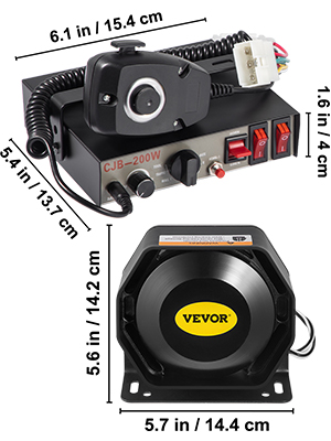 VEVOR car warning alarm system with control unit and speaker, detailed dimensions shown.
