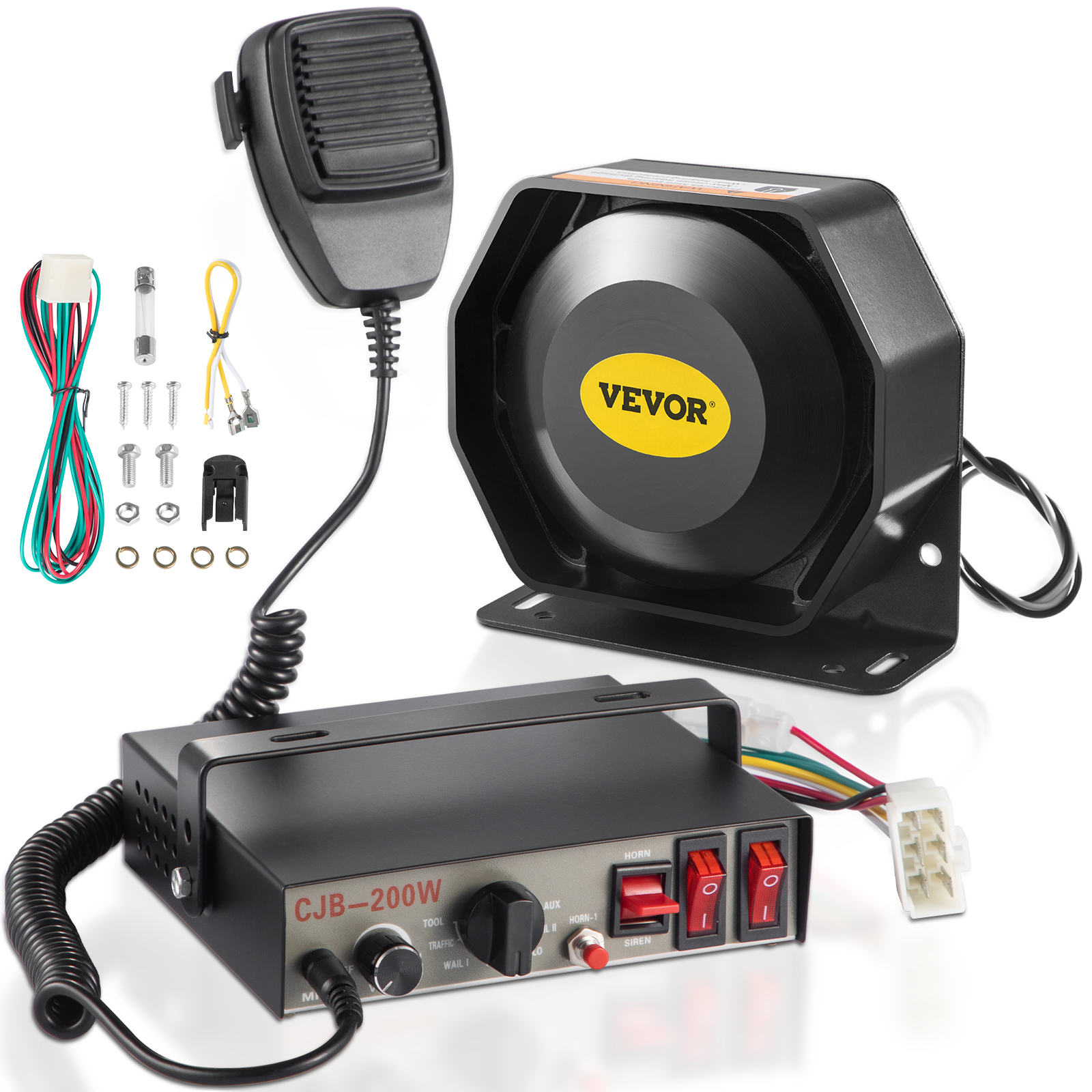 VEVOR car warning alarm system with controller, loudspeaker, and wiring accessories.