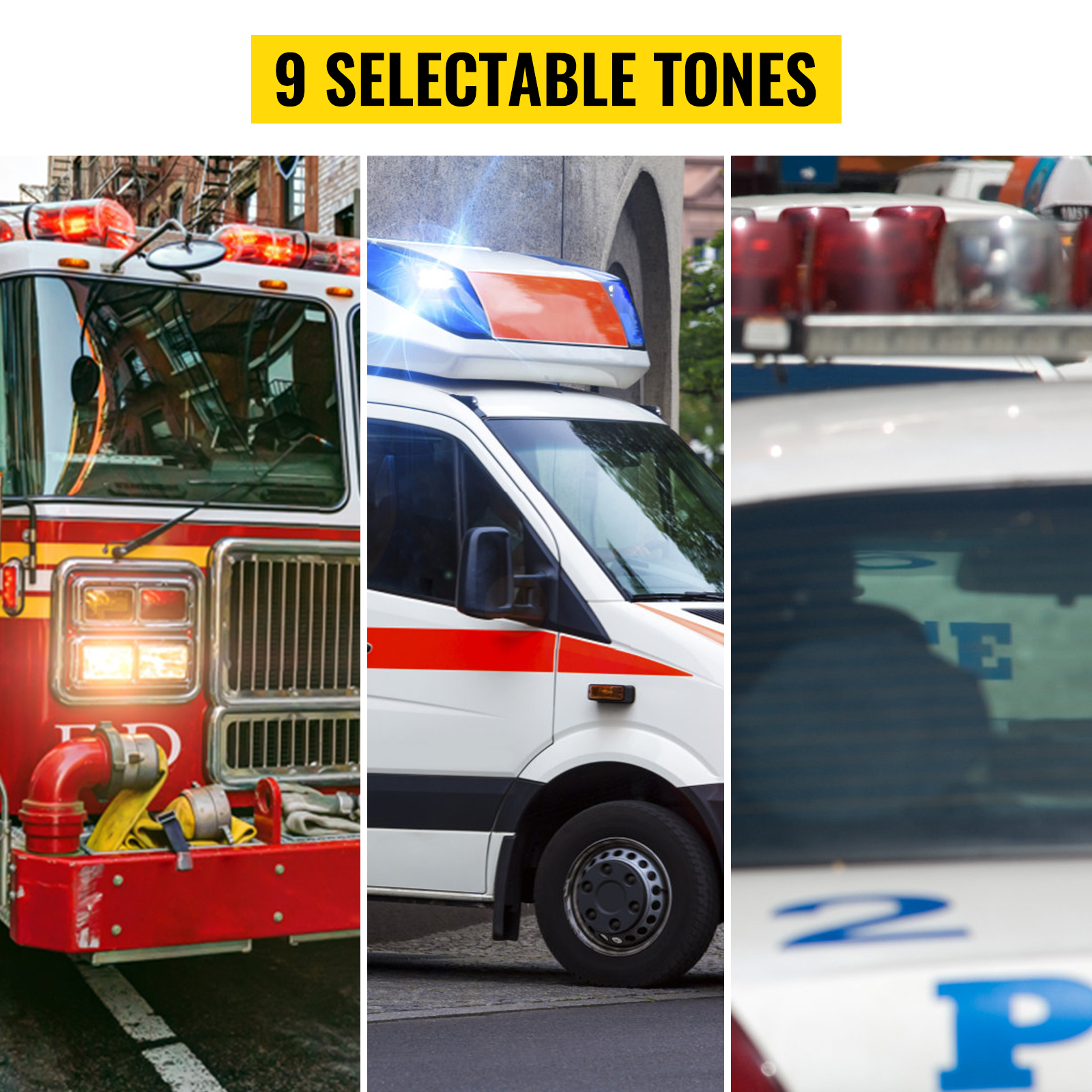 fire truck, ambulance, and police car demonstrating VEVOR car warning alarm system's 9 selectable tones.