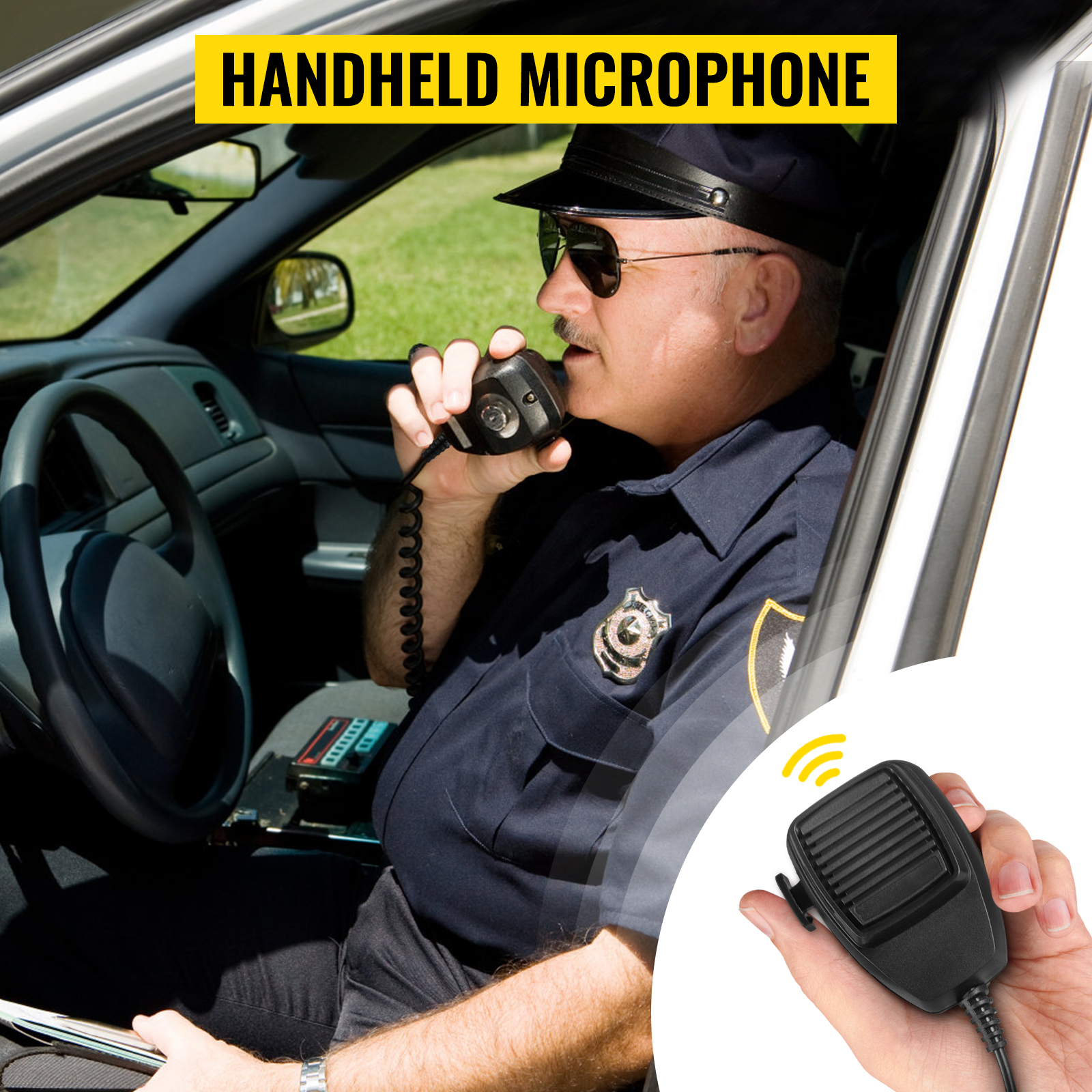 police officer using handheld microphone in vehicle, promoting VEVOR car warning alarm system