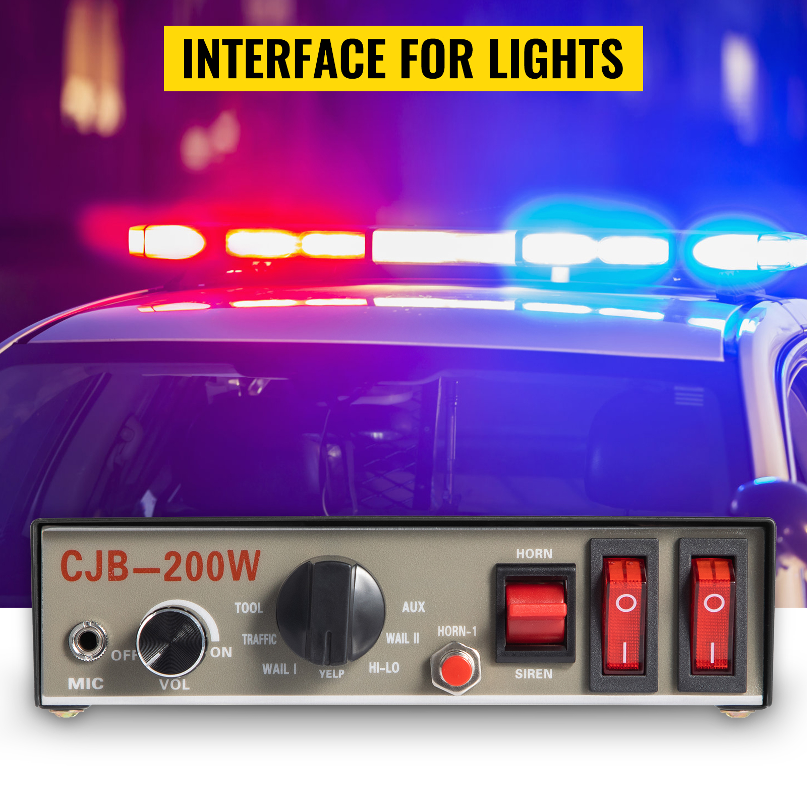 VEVOR car warning alarm system with lights interface, police car background.