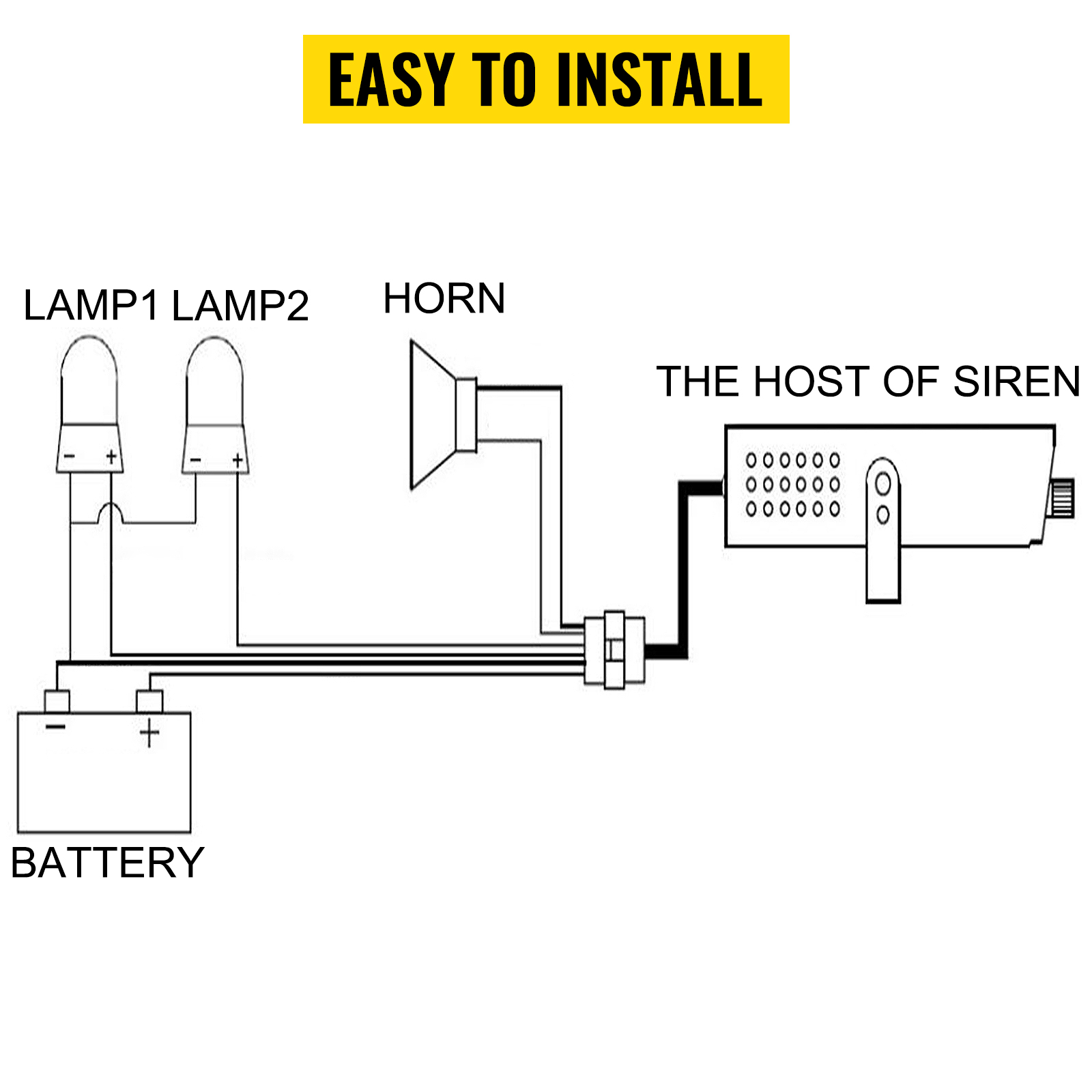 VEVOR car warning alarm system wiring diagram labeled with components. easy to install.