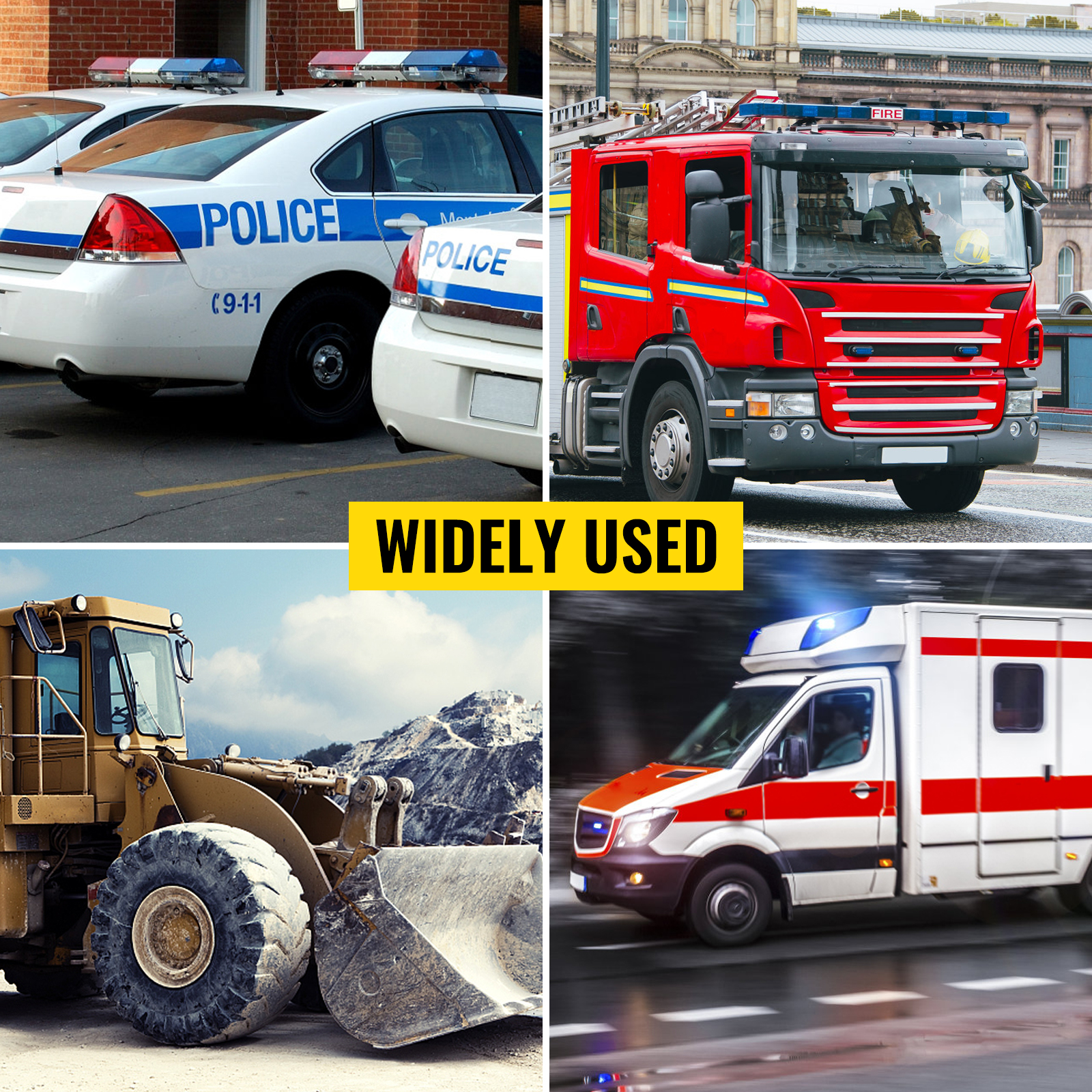 police cars, fire truck, bulldozer, and ambulance with "widely used" text. VEVOR car warning alarm system.