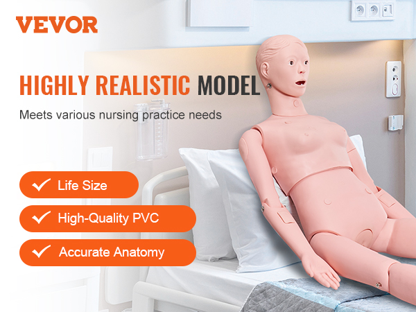 VEVOR Nursing Training Manikin, Male Life Size Demonstration Human Manikin for Nursing Training, Multifunctional Education Teaching Model Supplies, PVC Anatomical Mannequin Body Care Simulator Model
